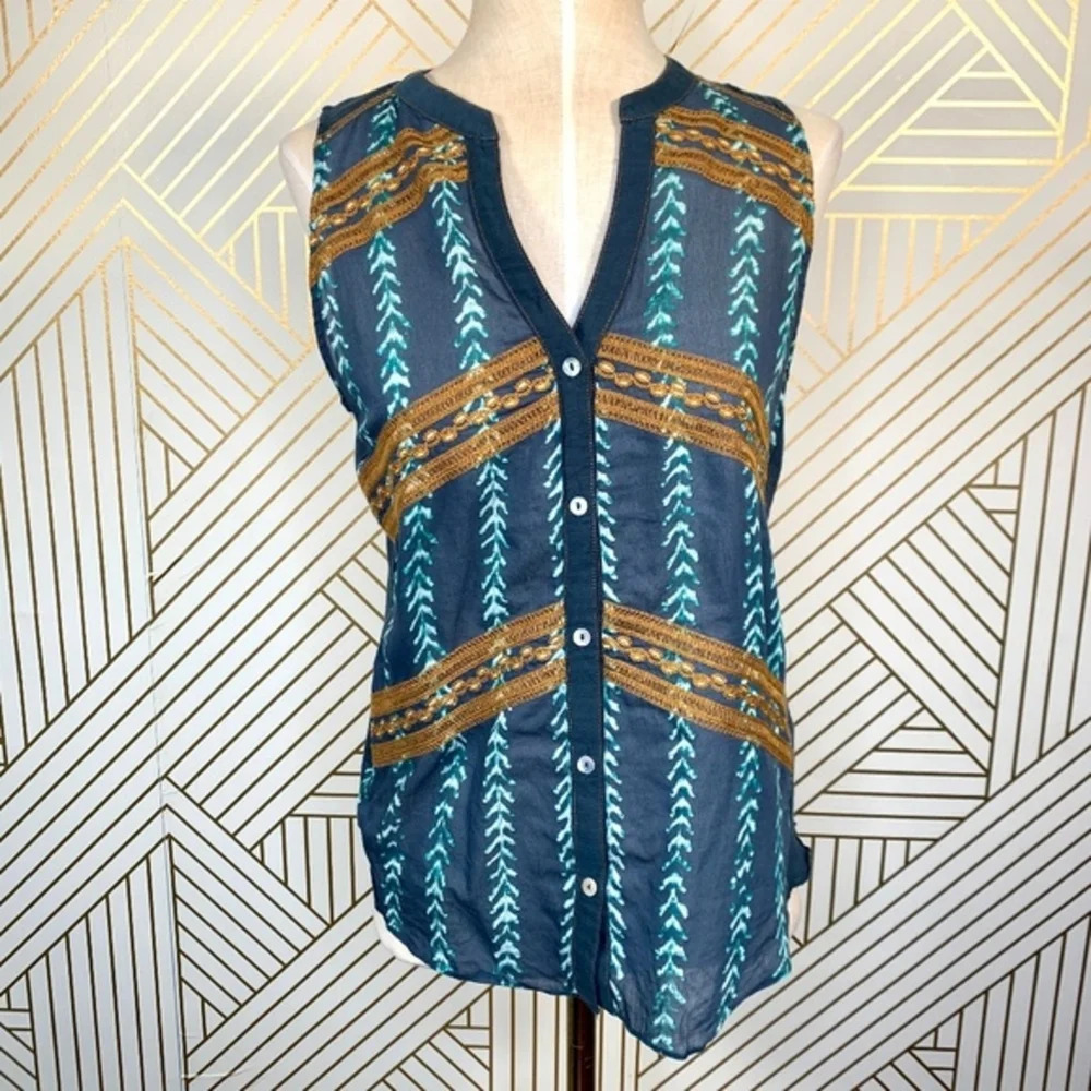 Anthropologie Tiny Sprigstitch Top Blouse Sleeveless Button Down Blue Size‎ XS